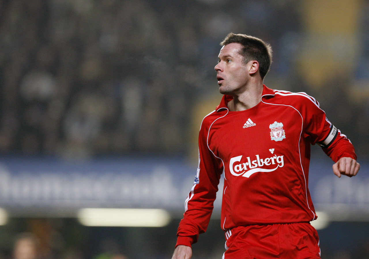 Jamie Carragher Carling Cupin puolivälierässä Chealsea vastaan